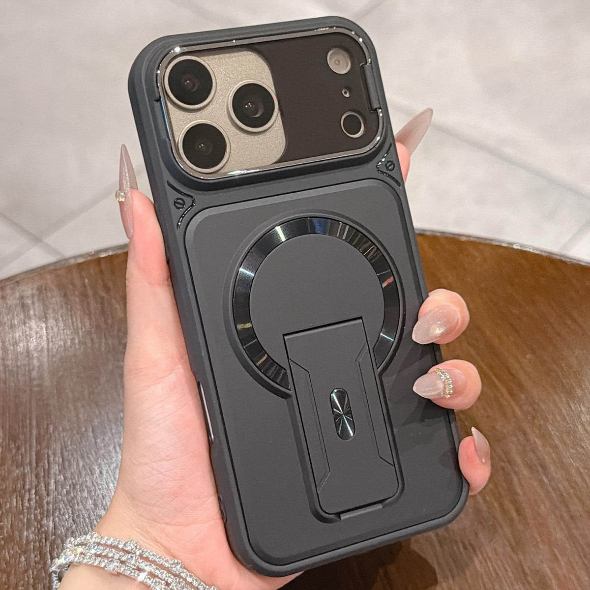 Compatible with iPhone 18 Pro Max Shockproof Lens Cover Magnetic Phone Case with Hidden Holder - Black