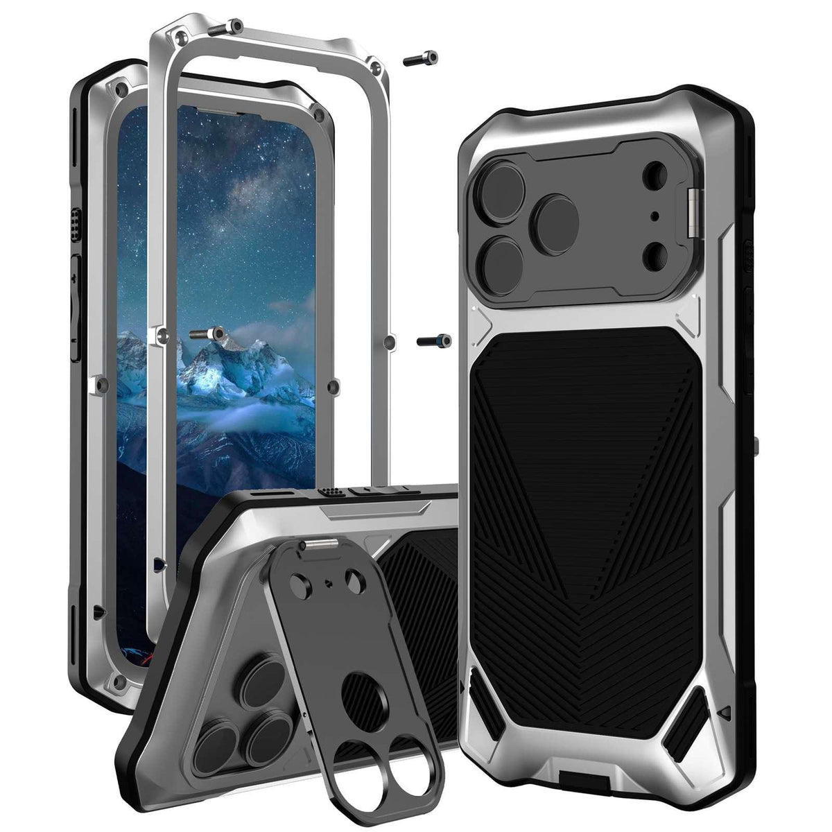 Compatible with iPhone 18 Pro Max Metal Armor Construction IP65 Waterproof Magnetic Phone Case - Silver