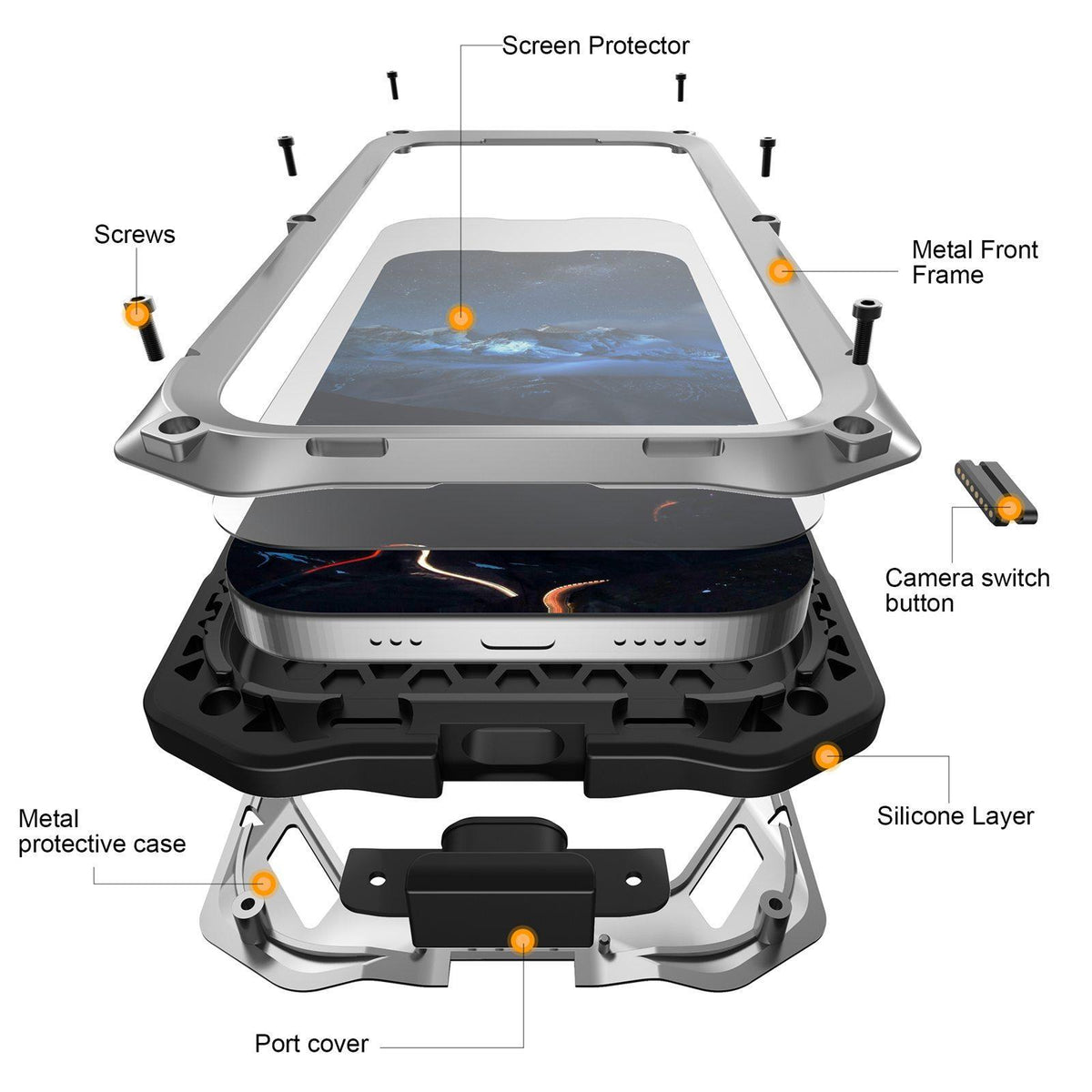 Compatible with iPhone 18 Pro Max Metal Armor Construction IP65 Waterproof Magnetic Phone Case - Silver