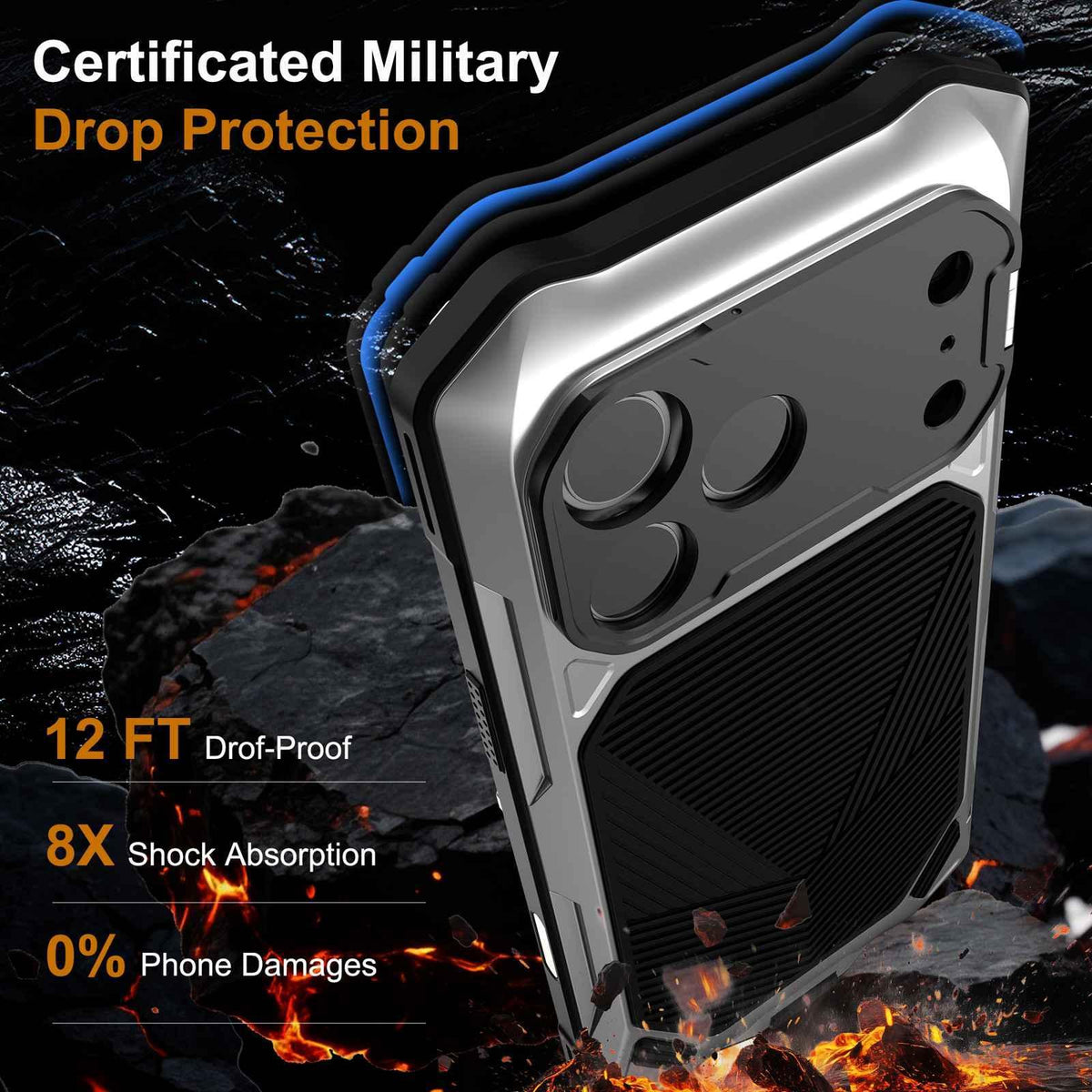 Compatible with iPhone 18 Pro Max Metal Armor Construction IP65 Waterproof Magnetic Phone Case - Silver