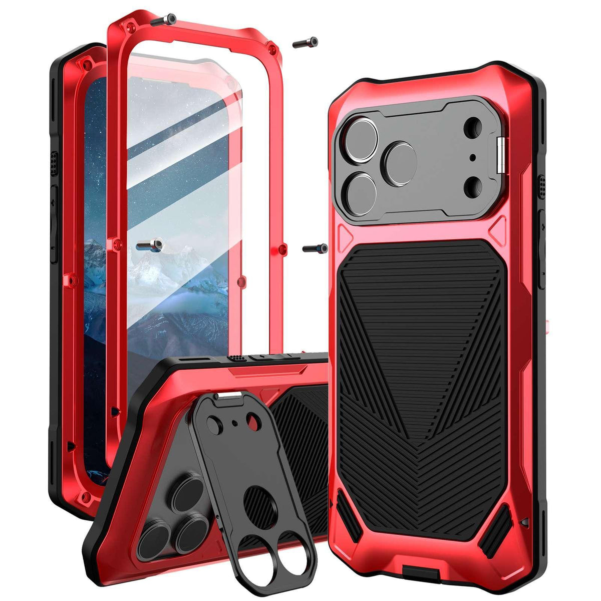 Compatible with iPhone 18 Pro Metal Armor Construction IP65 Waterproof Magnetic Phone Case - Red