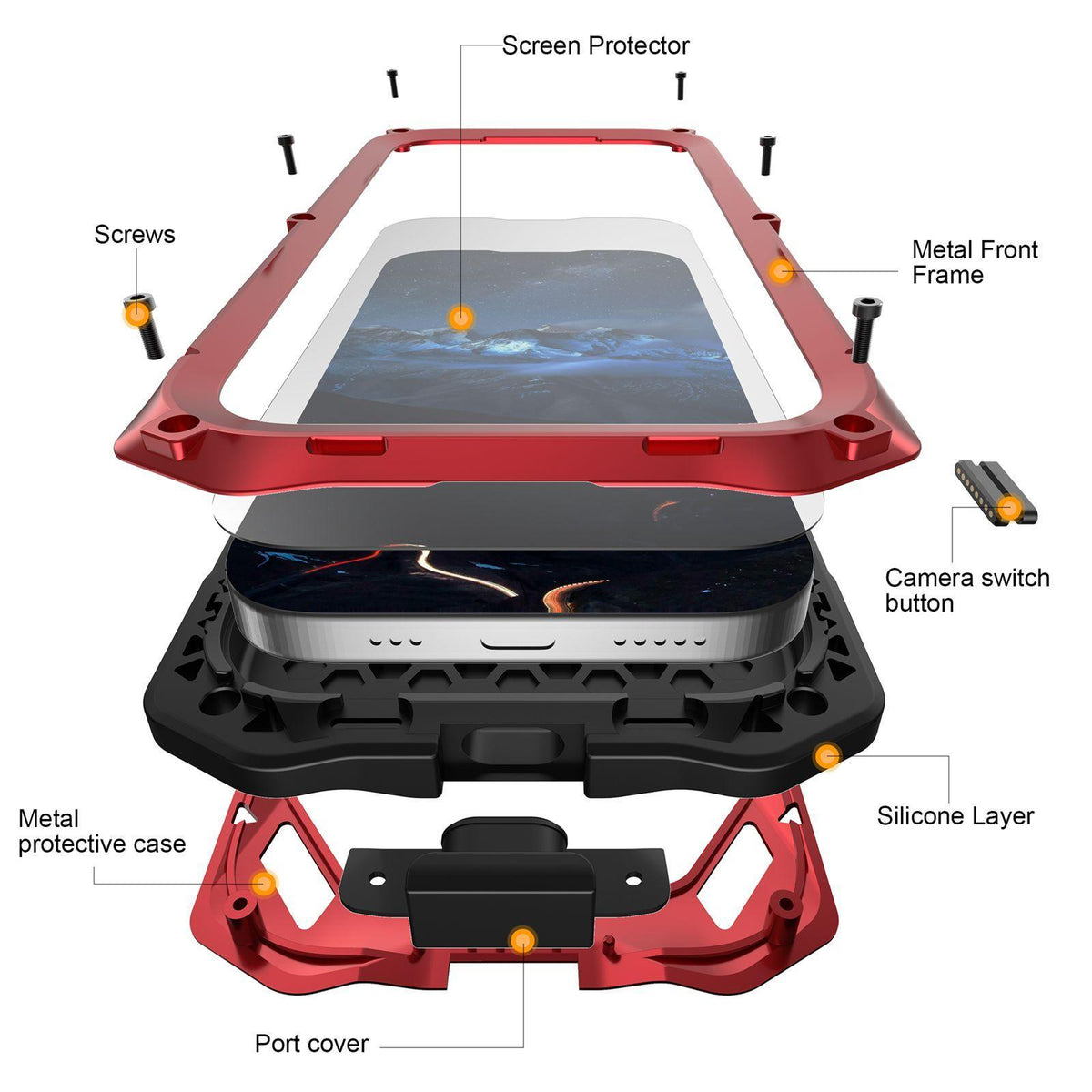 Compatible with iPhone 18 Pro Metal Armor Construction IP65 Waterproof Magnetic Phone Case - Red
