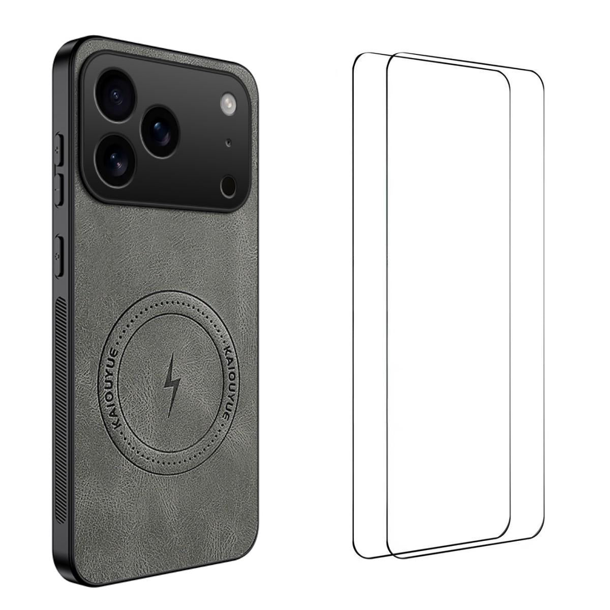 Compatible with iPhone 18 Pro WANLONFENG Nappa Texture Magnetic Phone Case with 2pcs Screen Films - Grey