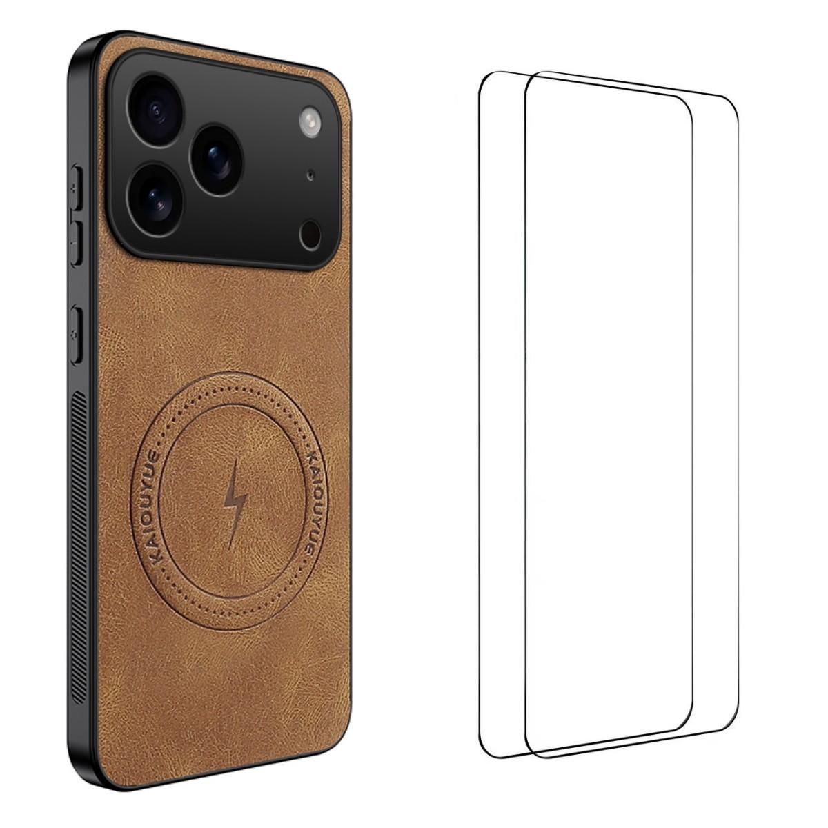 Compatible with iPhone 18 Pro WANLONFENG Nappa Texture Magnetic Phone Case with 2pcs Screen Films - Brown