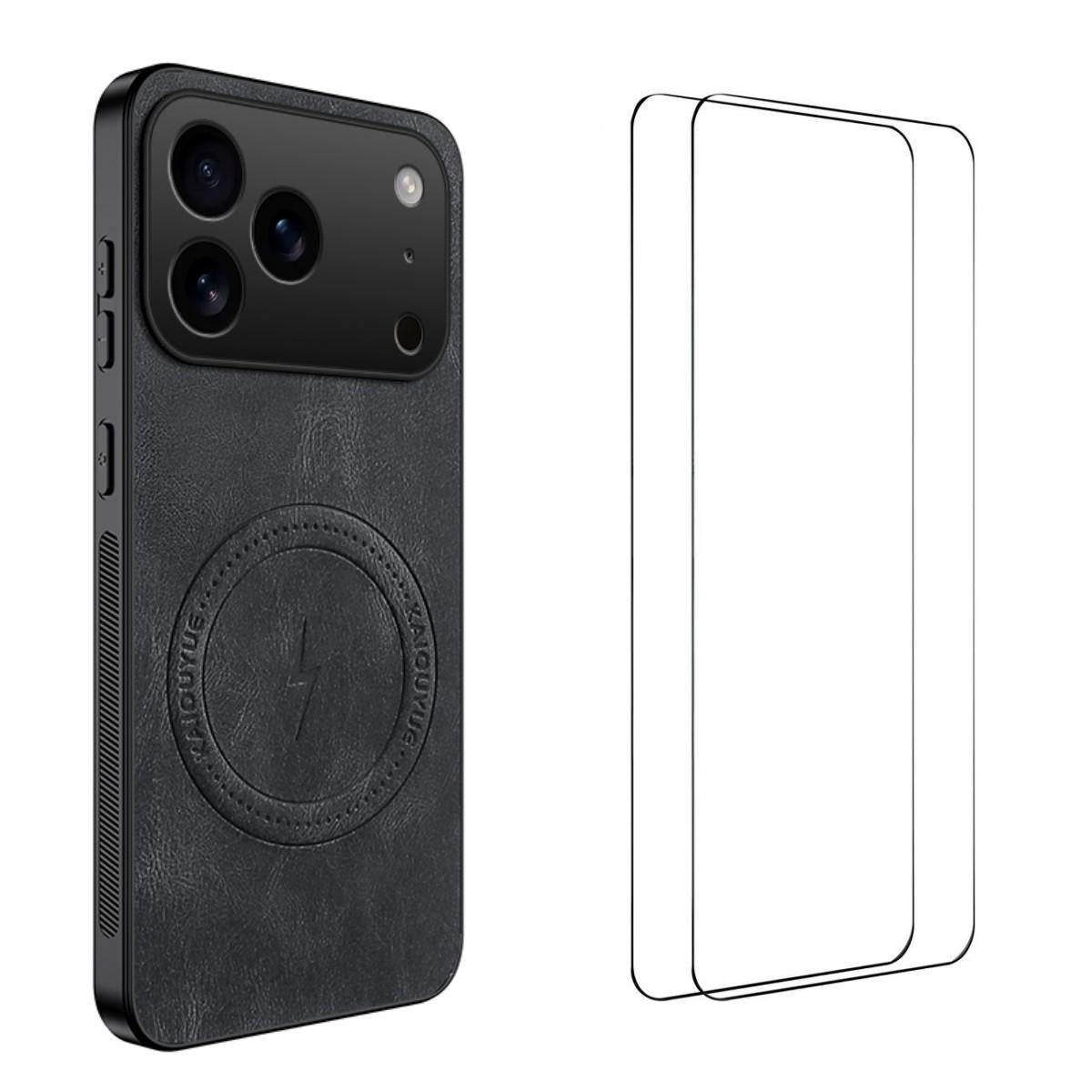 Compatible with iPhone 18 Pro Max WANLONFENG Nappa Texture Magnetic Phone Case with 2pcs Screen Films - Black