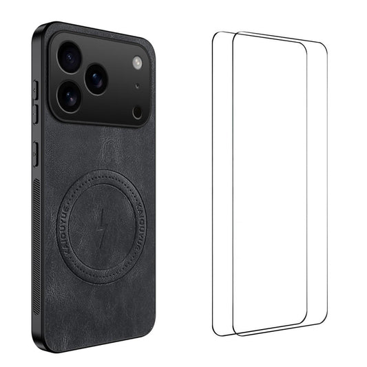 Compatible with iPhone 18 Pro Max WANLONFENG Nappa Texture Magnetic Phone Case with 2pcs Screen Films - Black
