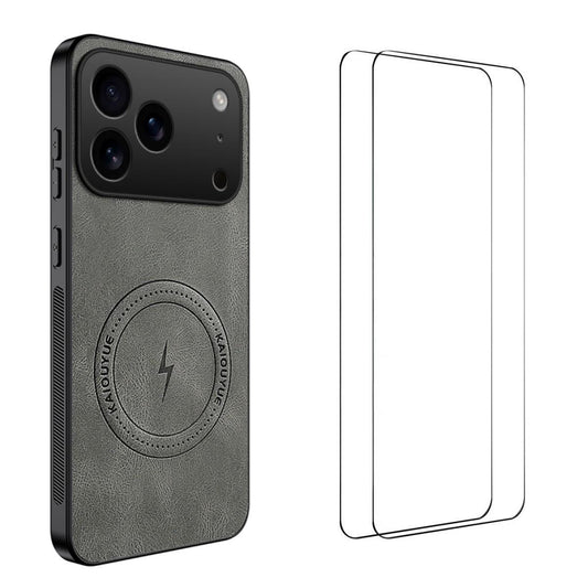 Compatible with iPhone 18 Pro Max WANLONFENG Nappa Texture Magnetic Phone Case with 2pcs Screen Films - Grey