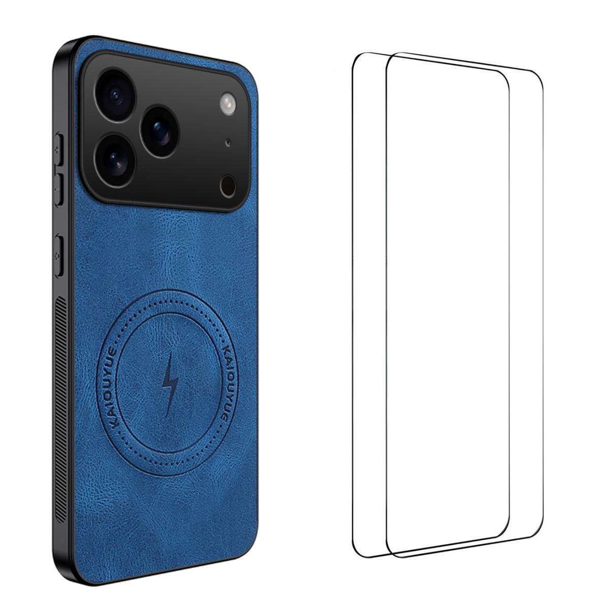 Compatible with iPhone 18 Pro Max WANLONFENG Nappa Texture Magnetic Phone Case with 2pcs Screen Films - Blue
