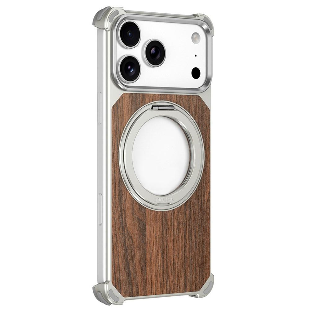 Compatible with iPhone 18 Pro Max & 17 Pro Max Walnut Wood Frameless Hollow Magnetic Phone Case with Rotating Holder - Titanium