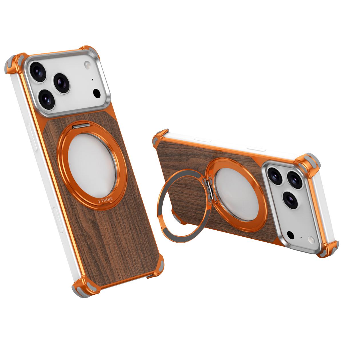 Compatible with iPhone 18 Pro Max & 17 Pro Max Walnut Wood Frameless Hollow Magnetic Phone Case with Rotating Holder - Orange