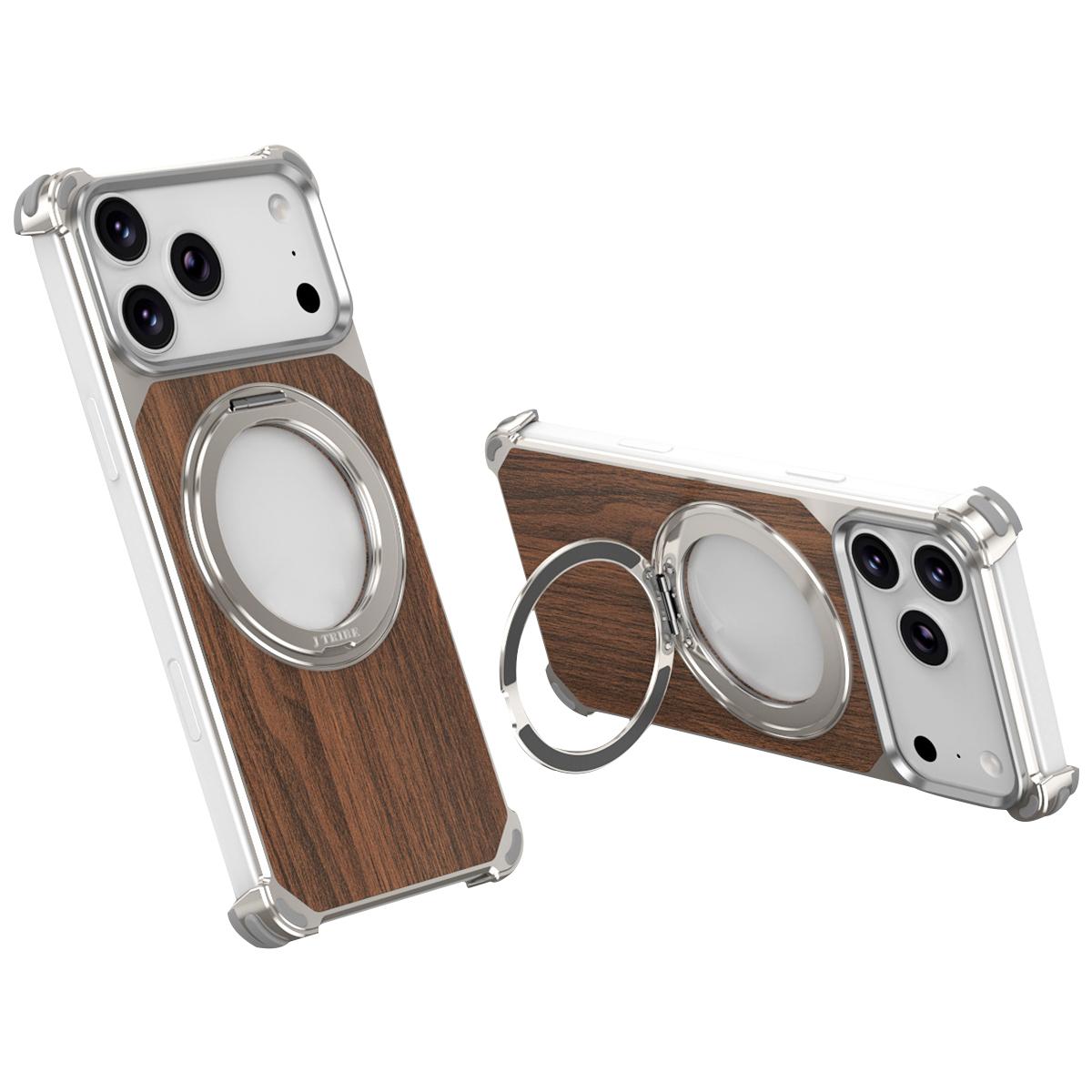 Compatible with iPhone 18 Pro & 17 Pro Walnut Wood Frameless Hollow Magnetic Phone Case with Rotating Holder - Titanium