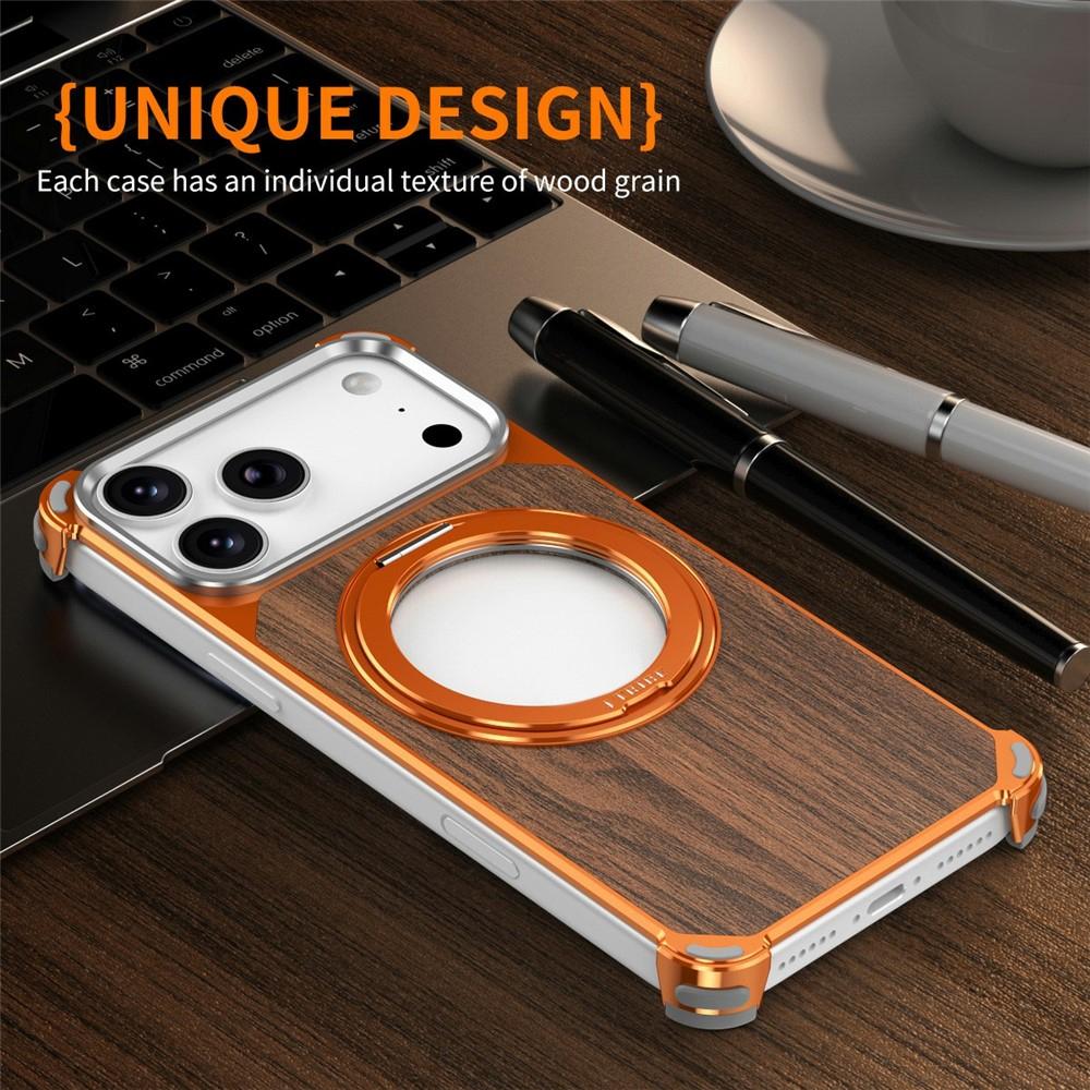 Compatible with iPhone 18 Pro Max & 17 Pro Max Walnut Wood Frameless Hollow Magnetic Phone Case with Rotating Holder - Orange