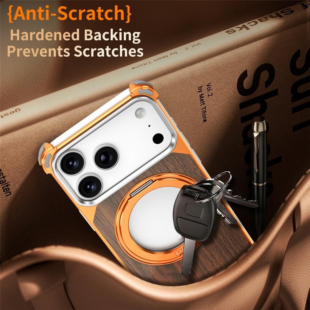 Compatible with iPhone 18 Pro Max & 17 Pro Max Walnut Wood Frameless Hollow Magnetic Phone Case with Rotating Holder - Orange
