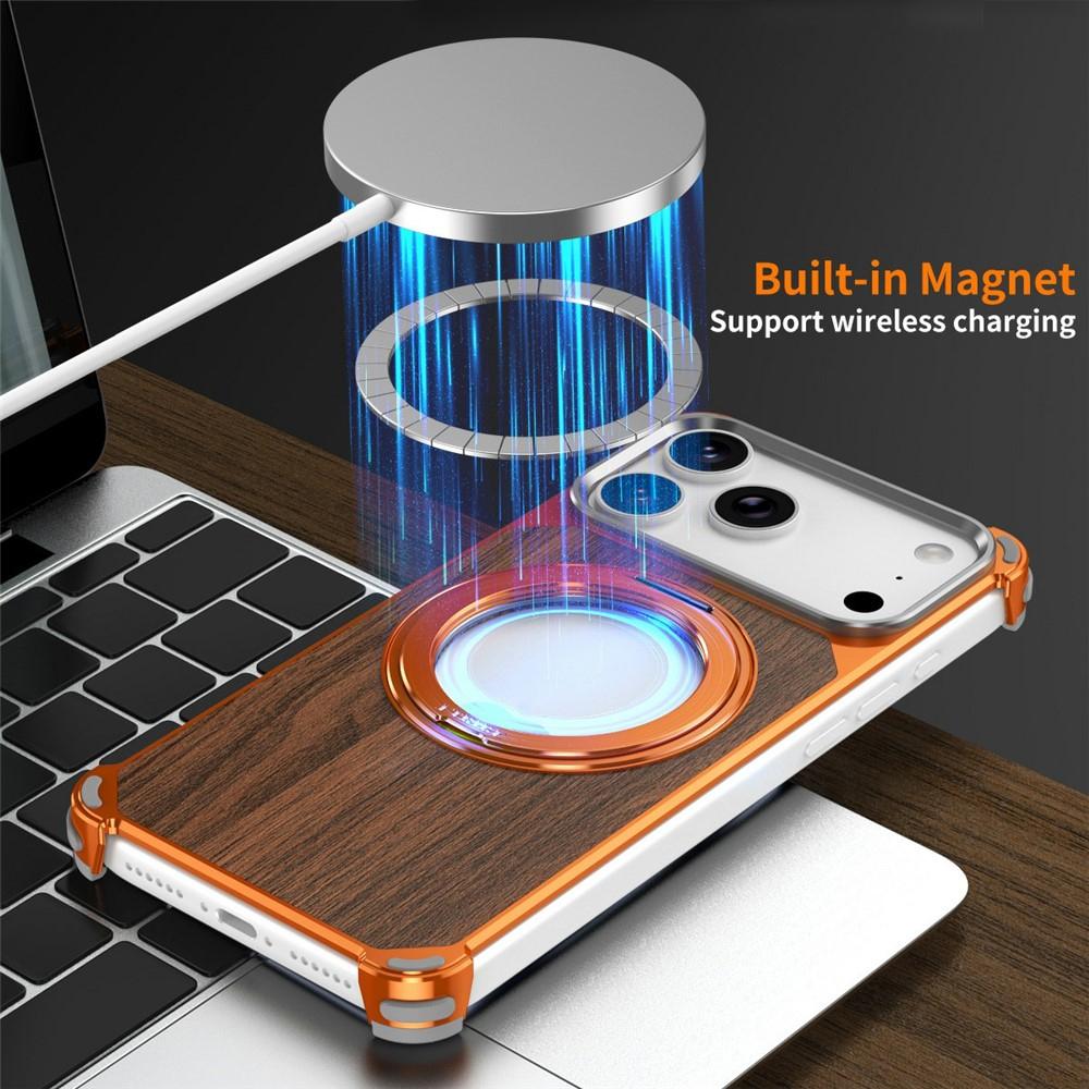 Compatible with iPhone 18 Pro & 17 Pro Walnut Wood Frameless Hollow Magnetic Phone Case with Rotating Holder - Titanium