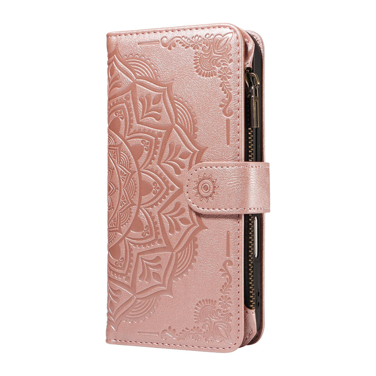 Compatible with iPhone 18 Pro Max & 17 Pro Max Mandala Embossed 9-Card Zipper RFID Vegan Leather Phone Case with Short Lanyard - Rose Gold