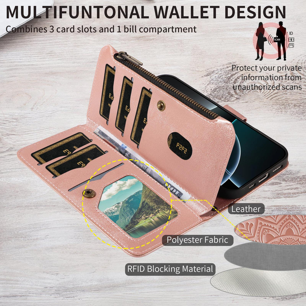 Compatible with iPhone 18 Pro Max & 17 Pro Max Mandala Embossed 9-Card Zipper RFID Vegan Leather Phone Case with Short Lanyard - Rose Gold