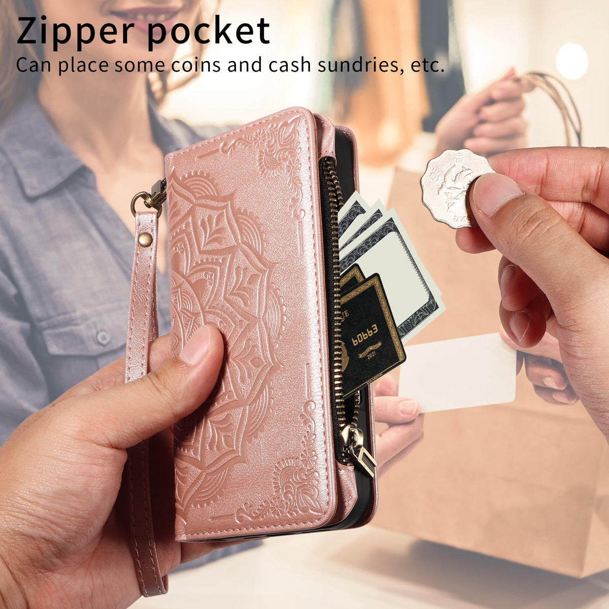 Compatible with iPhone 18 Pro Max & 17 Pro Max Mandala Embossed 9-Card Zipper RFID Vegan Leather Phone Case with Short Lanyard - Rose Gold
