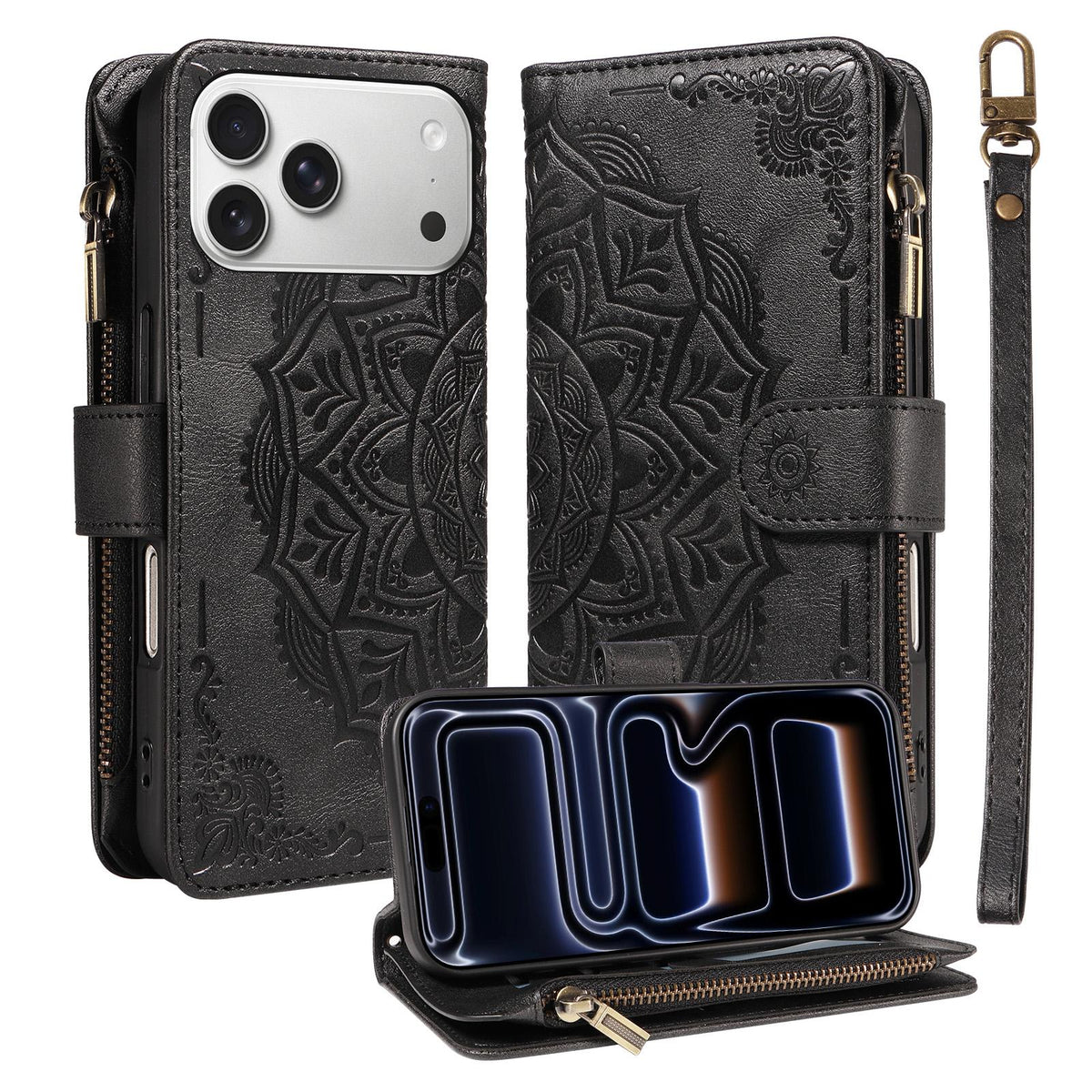 Compatible with iPhone 18 Pro Max & 17 Pro Max Mandala Embossed 9-Card Zipper RFID Vegan Leather Phone Case with Short Lanyard - Black