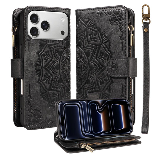Compatible with iPhone 18 Pro Max & 17 Pro Max Mandala Embossed 9-Card Zipper RFID Vegan Leather Phone Case with Short Lanyard - Black