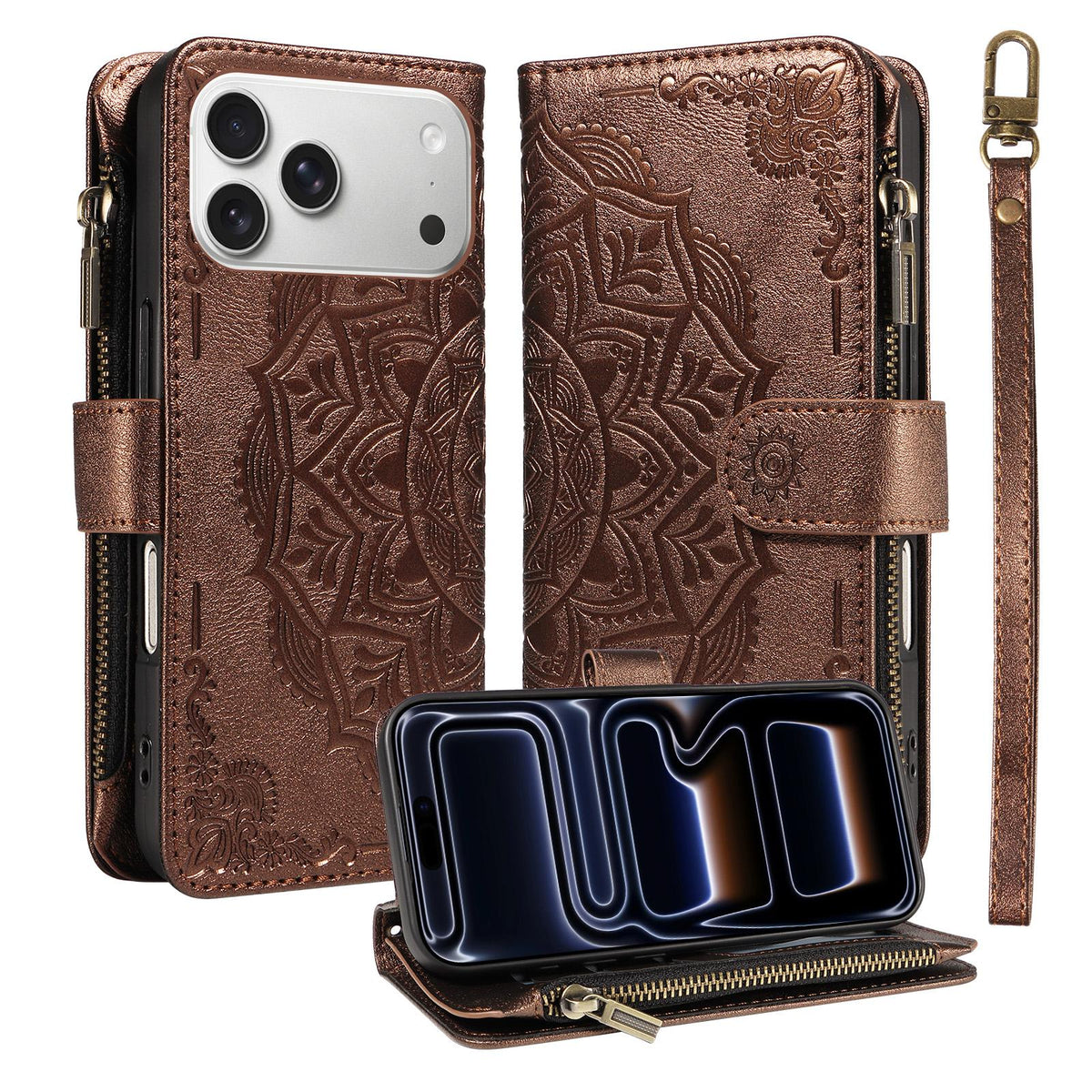 Compatible with iPhone 18 Pro Max & 17 Pro Max Mandala Embossed 9-Card Zipper RFID Vegan Leather Phone Case with Short Lanyard - Brown