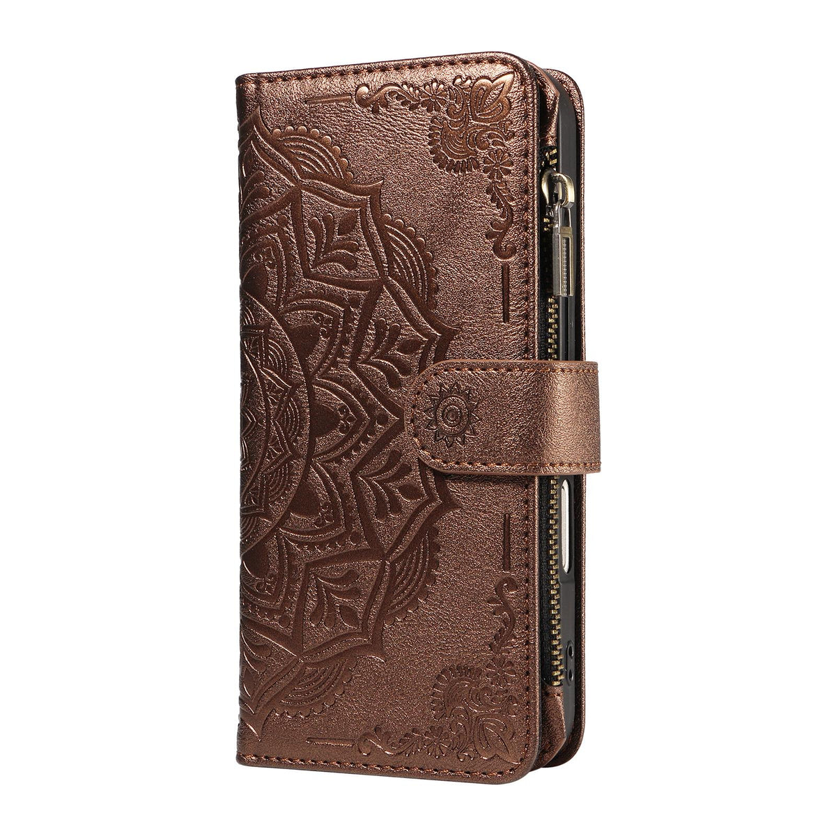Compatible with iPhone 18 Pro Max & 17 Pro Max Mandala Embossed 9-Card Zipper RFID Vegan Leather Phone Case with Short Lanyard - Brown