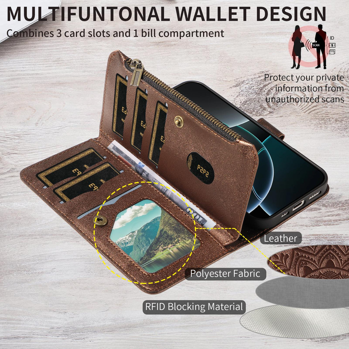 Compatible with iPhone 18 Pro Max & 17 Pro Max Mandala Embossed 9-Card Zipper RFID Vegan Leather Phone Case with Short Lanyard - Brown