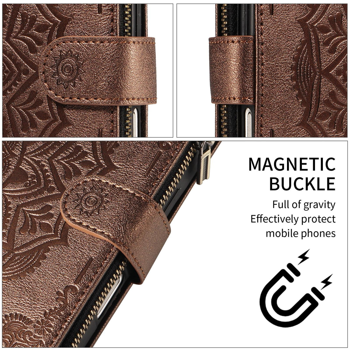 Compatible with iPhone 18 Pro Max & 17 Pro Max Mandala Embossed 9-Card Zipper RFID Vegan Leather Phone Case with Short Lanyard - Brown