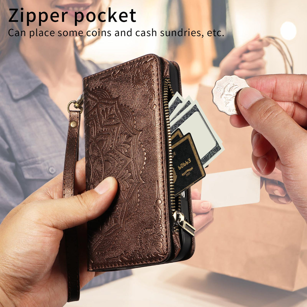 Compatible with iPhone 18 Pro Max & 17 Pro Max Mandala Embossed 9-Card Zipper RFID Vegan Leather Phone Case with Short Lanyard - Brown