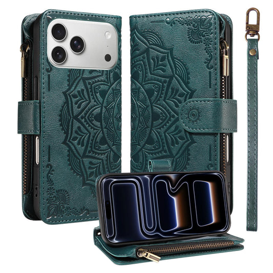 Compatible with iPhone 18 Pro Max & 17 Pro Max Mandala Embossed 9-Card Zipper RFID Vegan Leather Phone Case with Short Lanyard - Green