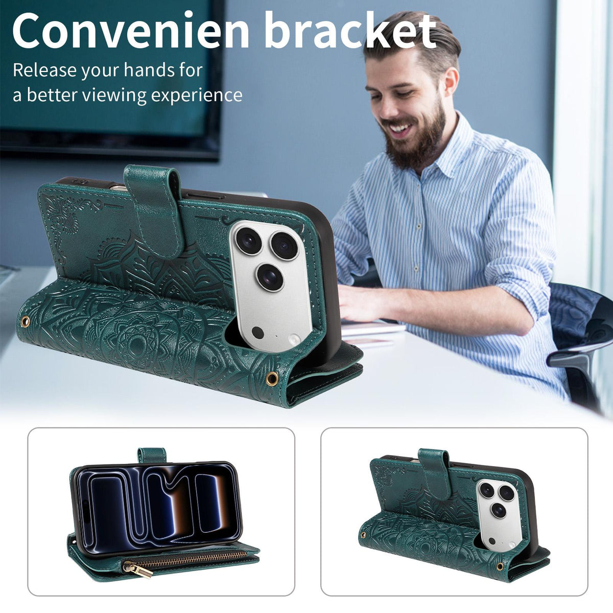 Compatible with iPhone 18 Pro Max & 17 Pro Max Mandala Embossed 9-Card Zipper RFID Vegan Leather Phone Case with Short Lanyard - Green