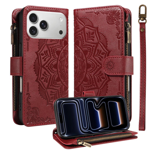Compatible with iPhone 18 Pro Max & 17 Pro Max Mandala Embossed 9-Card Zipper RFID Vegan Leather Phone Case with Short Lanyard - Wine Red