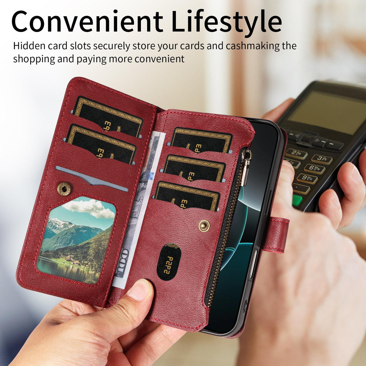 Compatible with iPhone 18 Pro Max & 17 Pro Max Mandala Embossed 9-Card Zipper RFID Vegan Leather Phone Case with Short Lanyard - Wine Red