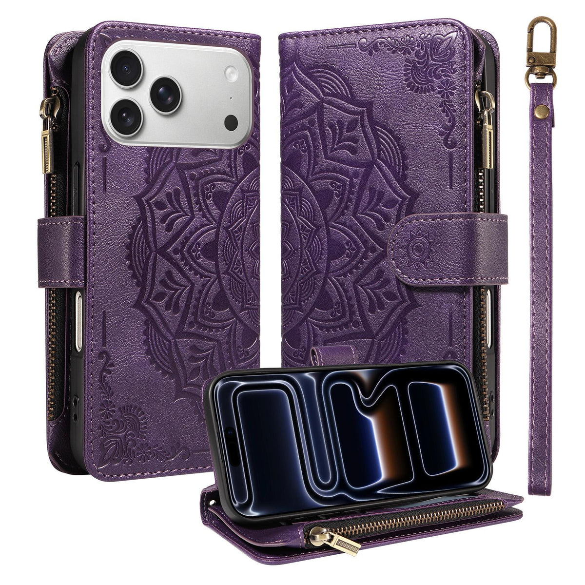 Compatible with iPhone 18 Pro Max & 17 Pro Max Mandala Embossed 9-Card Zipper RFID Vegan Leather Phone Case with Short Lanyard - Purple