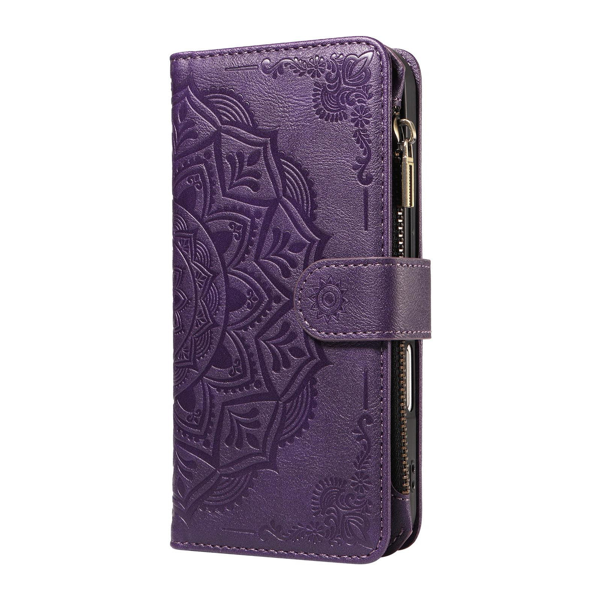 Compatible with iPhone 18 Pro Max & 17 Pro Max Mandala Embossed 9-Card Zipper RFID Vegan Leather Phone Case with Short Lanyard - Purple