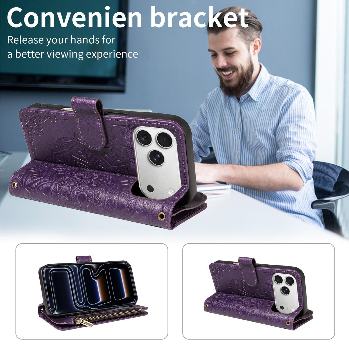 Compatible with iPhone 18 Pro Max & 17 Pro Max Mandala Embossed 9-Card Zipper RFID Vegan Leather Phone Case with Short Lanyard - Purple