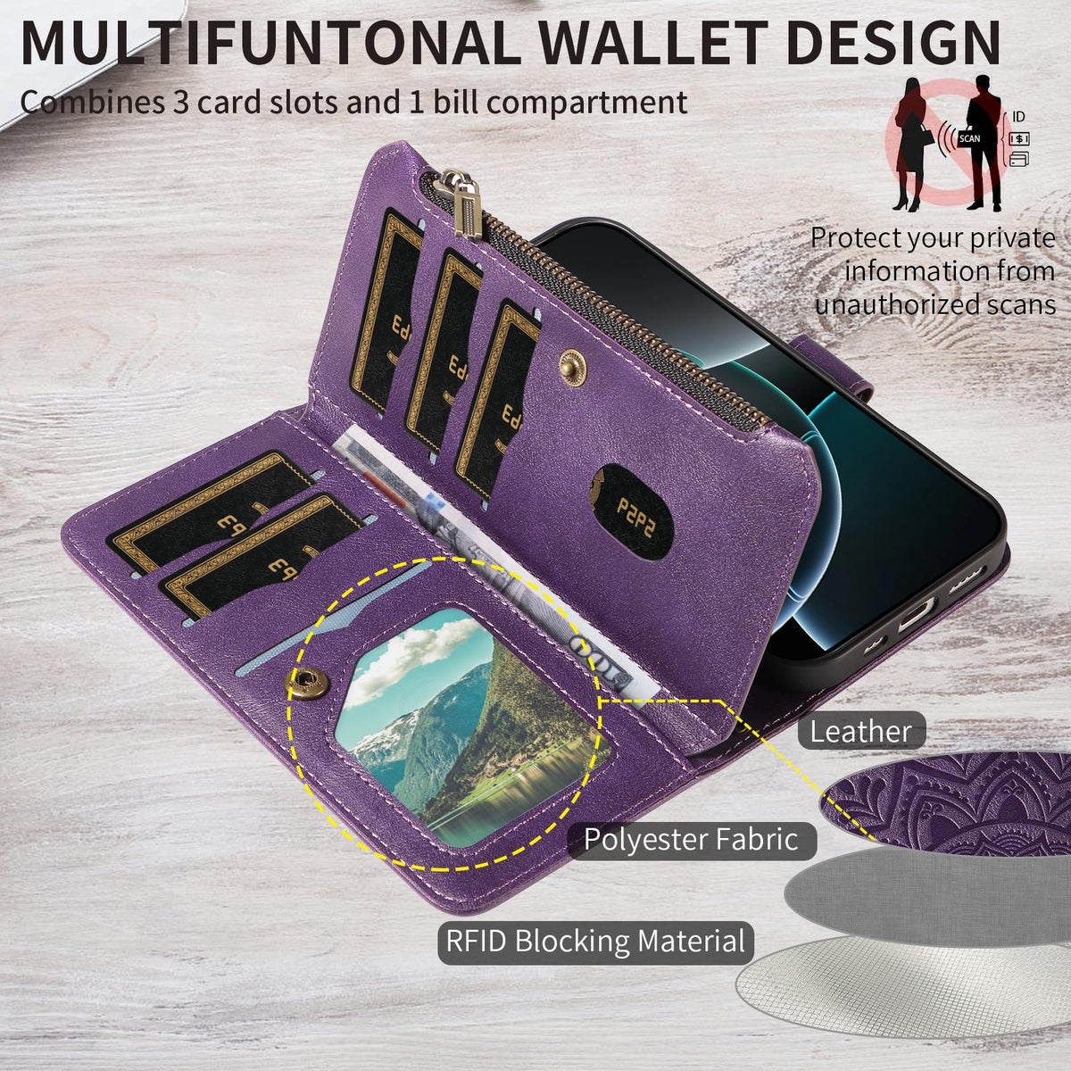 Compatible with iPhone 18 Pro Max & 17 Pro Max Mandala Embossed 9-Card Zipper RFID Vegan Leather Phone Case with Short Lanyard - Purple