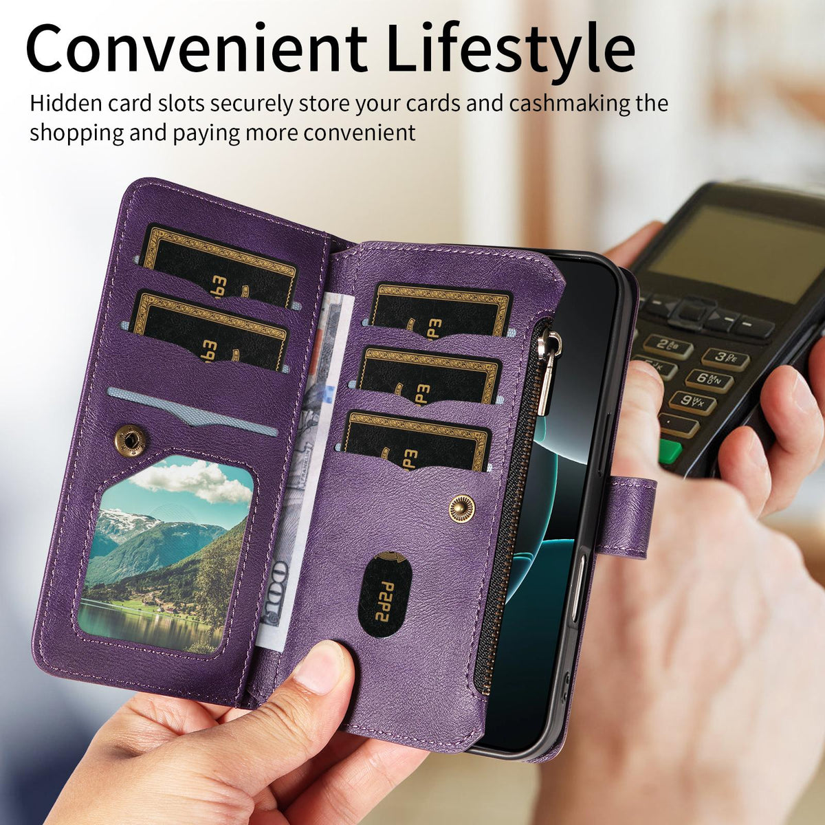 Compatible with iPhone 18 Pro Max & 17 Pro Max Mandala Embossed 9-Card Zipper RFID Vegan Leather Phone Case with Short Lanyard - Purple