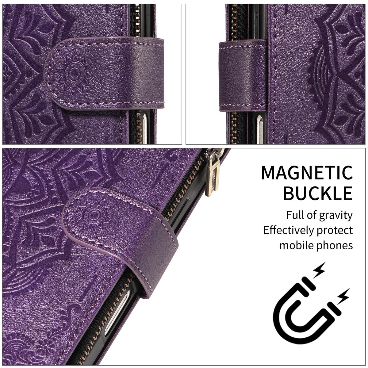Compatible with iPhone 18 Pro Max & 17 Pro Max Mandala Embossed 9-Card Zipper RFID Vegan Leather Phone Case with Short Lanyard - Purple