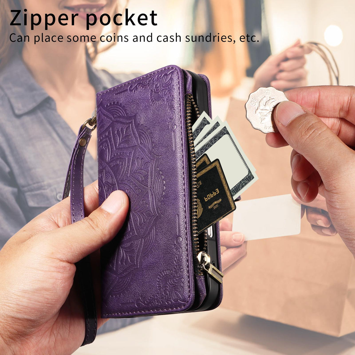 Compatible with iPhone 18 Pro Max & 17 Pro Max Mandala Embossed 9-Card Zipper RFID Vegan Leather Phone Case with Short Lanyard - Purple