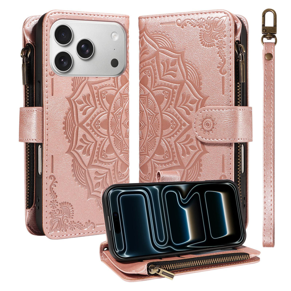 Compatible with iPhone 18 Pro & 17 Pro Mandala Embossed 9-Card Zipper RFID Vegan Leather Phone Case with Short Lanyard - Rose Gold