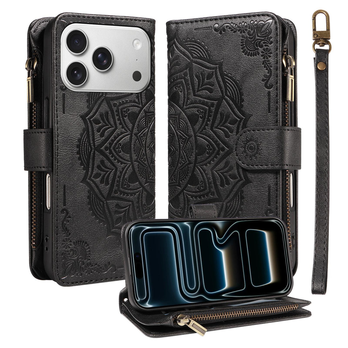Compatible with iPhone 18 Pro & 17 Pro Mandala Embossed 9-Card Zipper RFID Vegan Leather Phone Case with Short Lanyard - Black