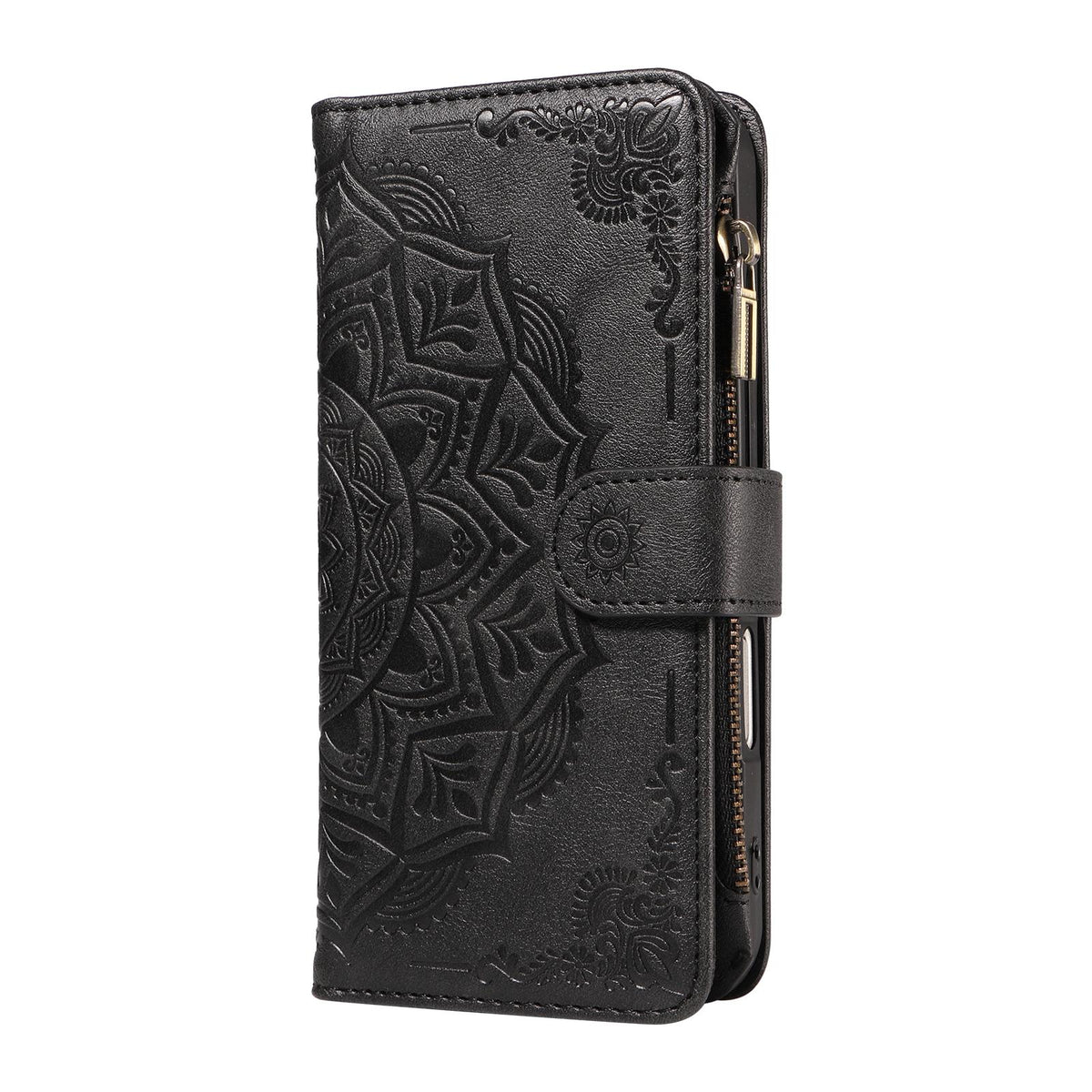 Compatible with iPhone 18 Pro & 17 Pro Mandala Embossed 9-Card Zipper RFID Vegan Leather Phone Case with Short Lanyard - Black