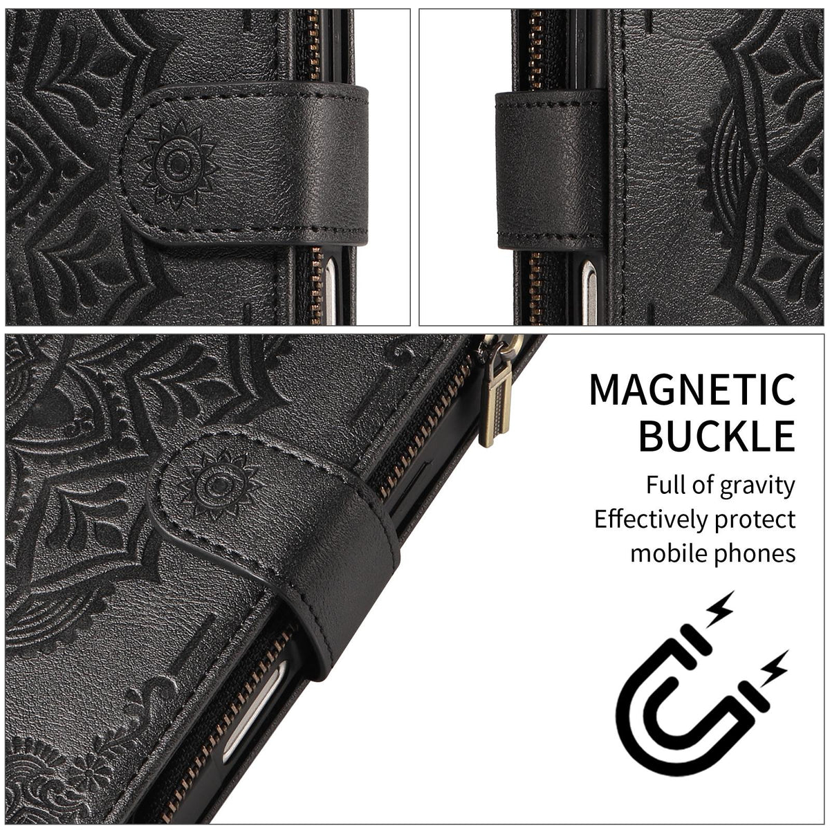 Compatible with iPhone 18 Pro & 17 Pro Mandala Embossed 9-Card Zipper RFID Vegan Leather Phone Case with Short Lanyard - Black