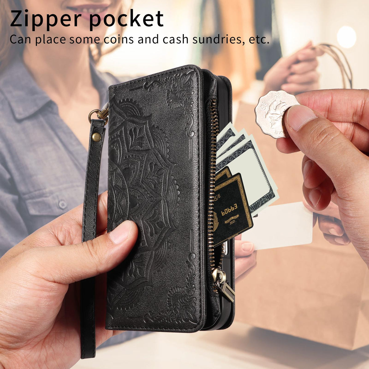 Compatible with iPhone 18 Pro & 17 Pro Mandala Embossed 9-Card Zipper RFID Vegan Leather Phone Case with Short Lanyard - Black