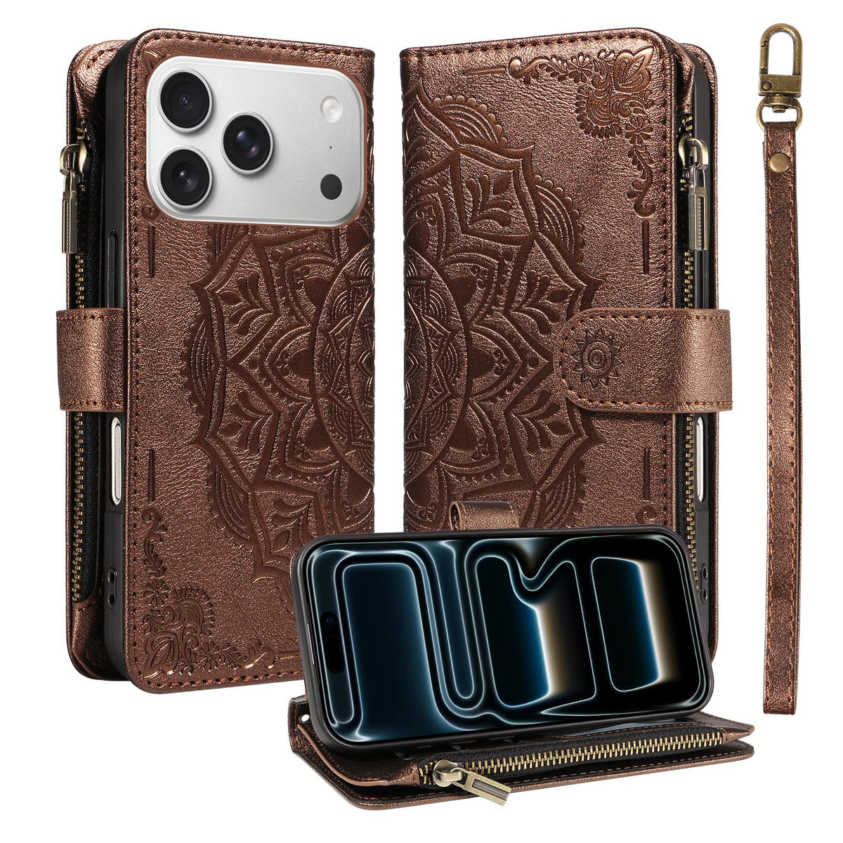 Compatible with iPhone 18 Pro & 17 Pro Mandala Embossed 9-Card Zipper RFID Vegan Leather Phone Case with Short Lanyard - Brown