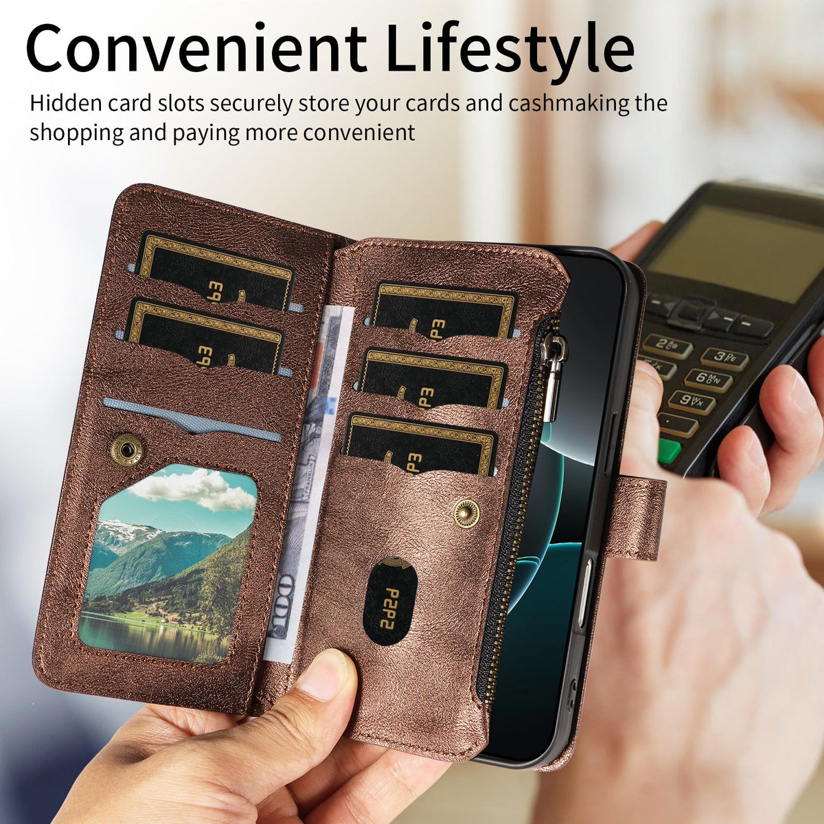 Compatible with iPhone 18 Pro & 17 Pro Mandala Embossed 9-Card Zipper RFID Vegan Leather Phone Case with Short Lanyard - Brown