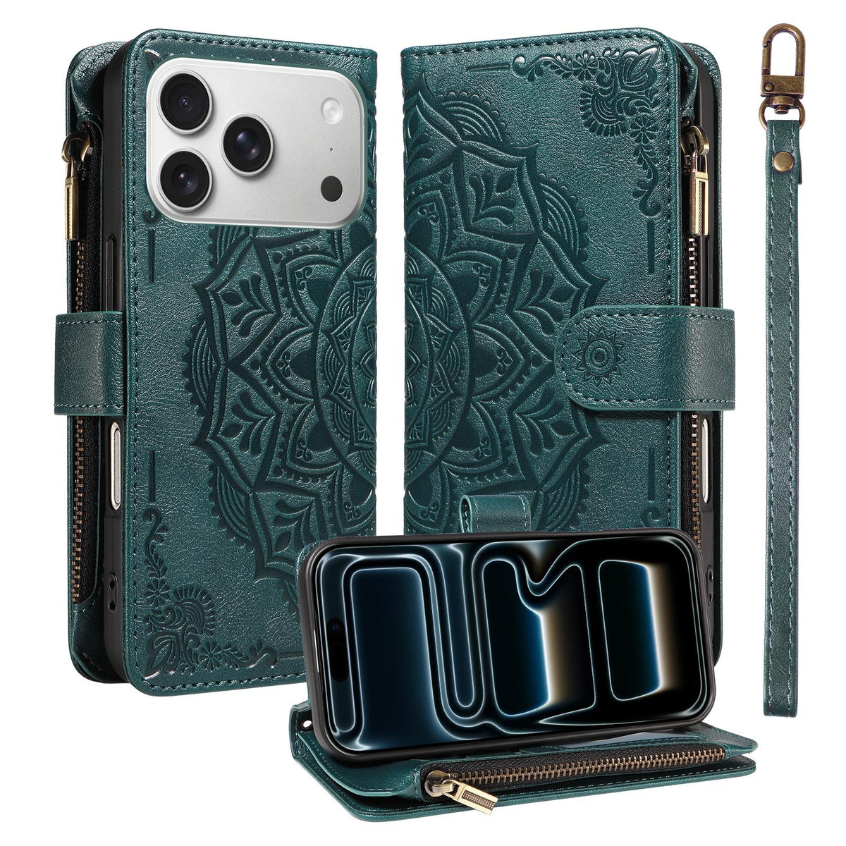 Compatible with iPhone 18 Pro & 17 Pro Mandala Embossed 9-Card Zipper RFID Vegan Leather Phone Case with Short Lanyard - Green
