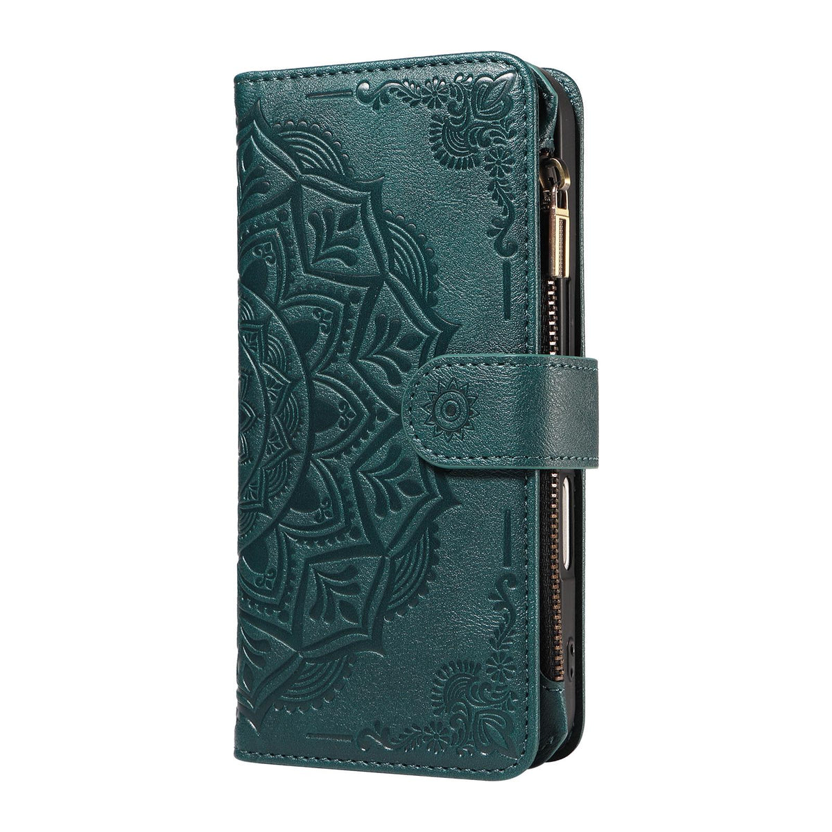 Compatible with iPhone 18 Pro & 17 Pro Mandala Embossed 9-Card Zipper RFID Vegan Leather Phone Case with Short Lanyard - Green