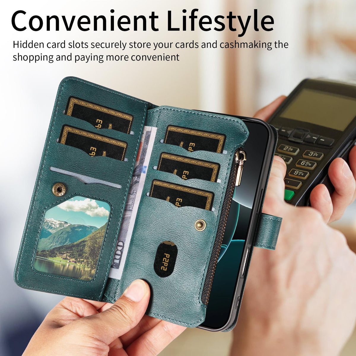 Compatible with iPhone 18 Pro & 17 Pro Mandala Embossed 9-Card Zipper RFID Vegan Leather Phone Case with Short Lanyard - Green