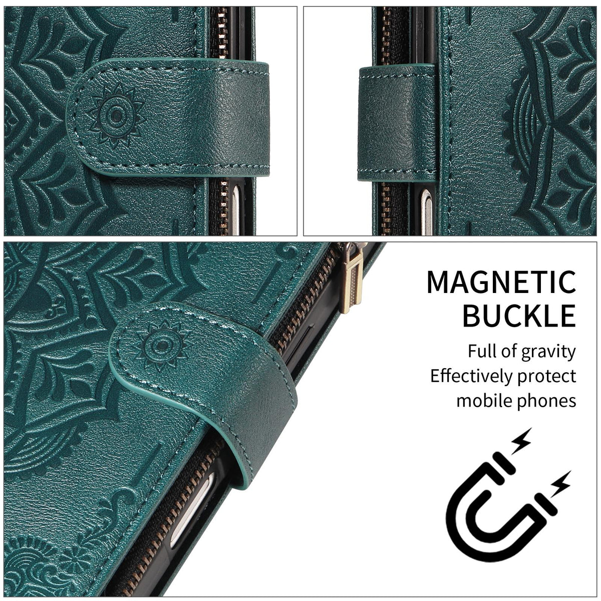 Compatible with iPhone 18 Pro & 17 Pro Mandala Embossed 9-Card Zipper RFID Vegan Leather Phone Case with Short Lanyard - Green